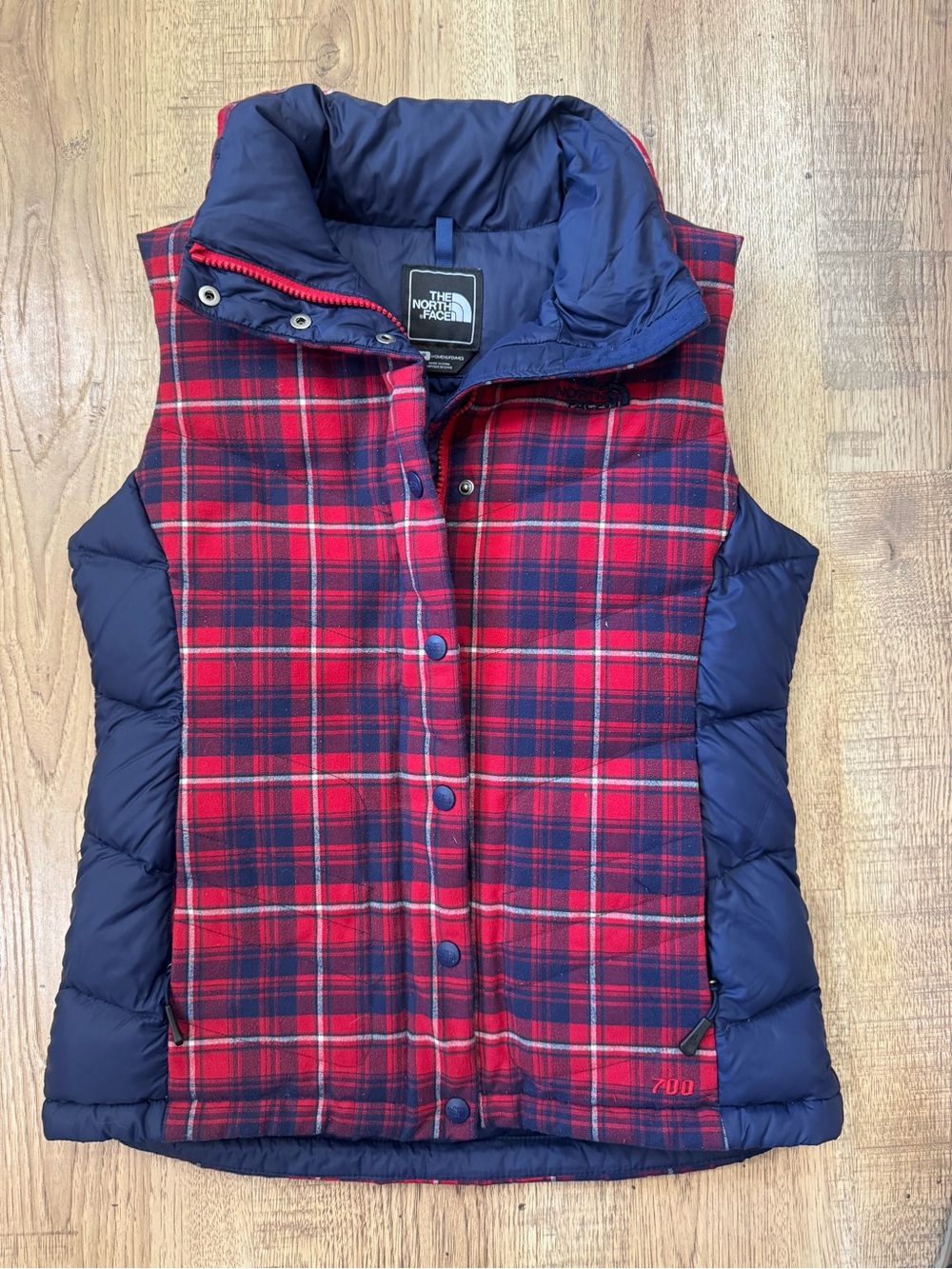 The North Face Women’s Red Plaid & Navy Insulated Vest